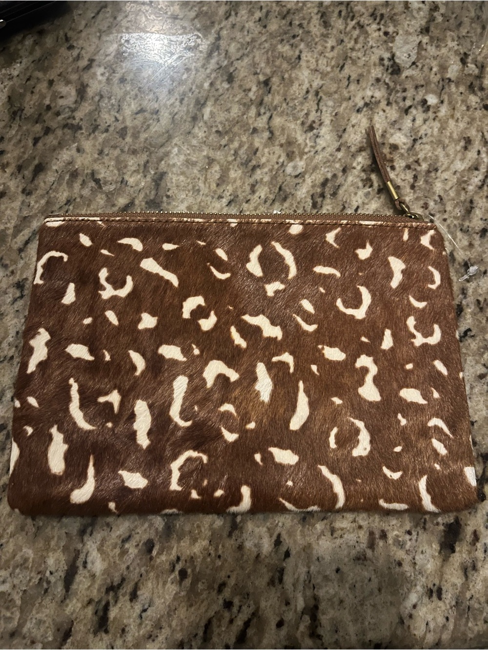 Madewell Brown and Cream Leopard Print Haircalf Zip Pouch